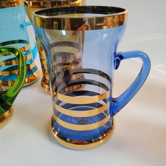 6 Colored Glass Mug Glasses with Gold Bands Made in Romania - Picture 5 of 7